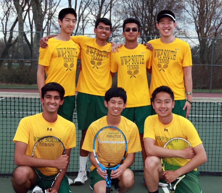 The seniors of the Boys Varsity Tennis team pose for a picture together.
Top left to right: Samuel Ping, Naman Sarda, Akul Telluri and Alex Yang. 
Bottom left to right: Vishal Shanker, Andre Hsueh, and David Liu.
