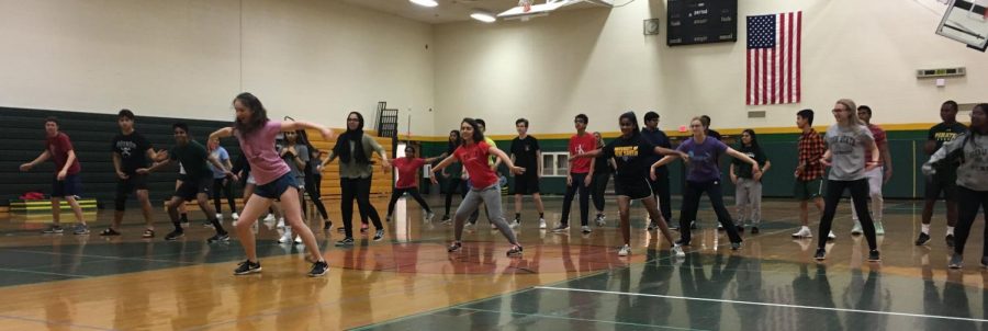 Senior Annabel Azaro (left)  leads students through a zumba routine in gym class during first hour.  