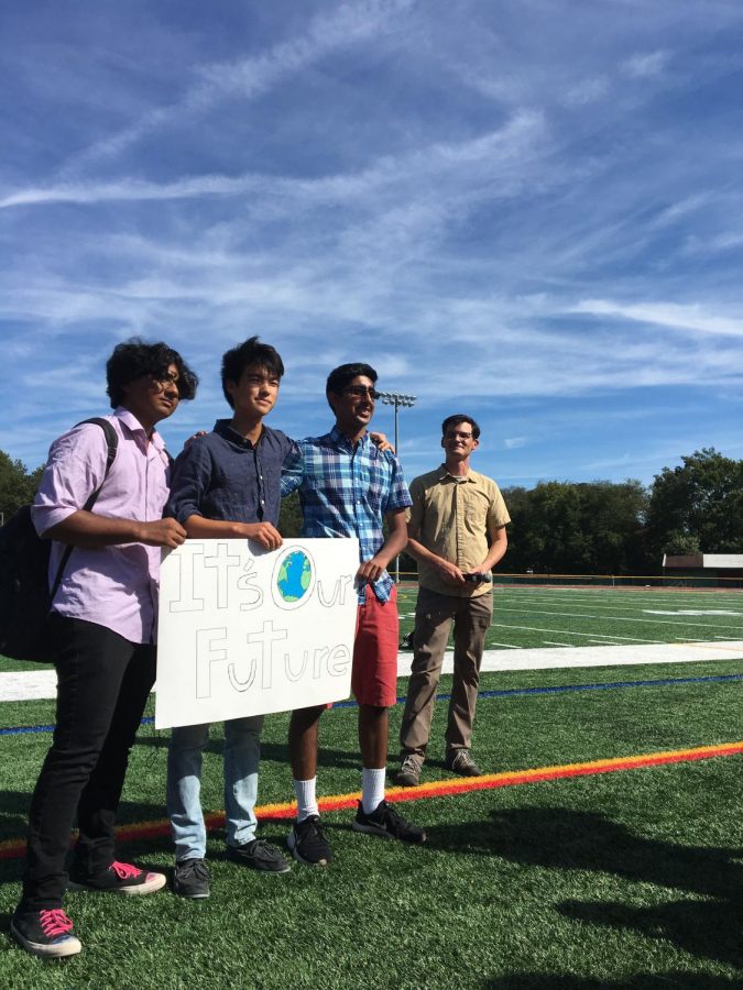 South proudly supports Global Climate Strike. From left: Rishab Nalgundwar (‘22), Matthew Xu (‘22), Raghunandan Raman (‘21), and Mr. Kevin Scully.