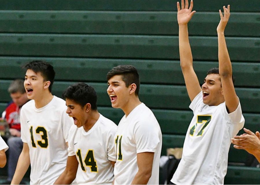 From left to right: Daniel Hu (#13), Adideb Nag (#14), Sahil Banerjee (#11) and Atman Mohanty (#16) celebrate after an in-game success. 