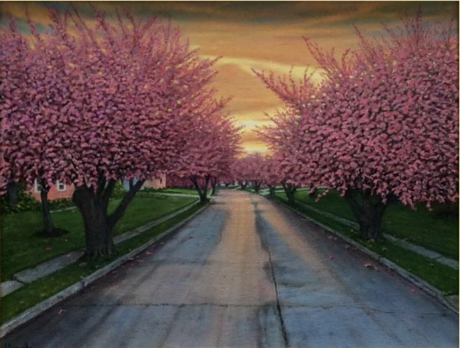 One of Jims paintings, Sunset on Stanford - the sunset after a rain, along with the cherry blossoms on Stanford Place, in West Windsor