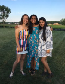 Girls Golf Seniors (left to right: Isabella McCloskey, Shreya Hariharan, and Vrinda Attri) hanging out and talking on a nice day in the park.