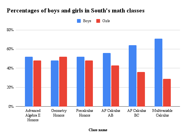 A graph showing the ratio of boys to girls in some of the mathematics classes at South. Data provided by Mrs. Andrea Bean, math supervisor of WW-P.